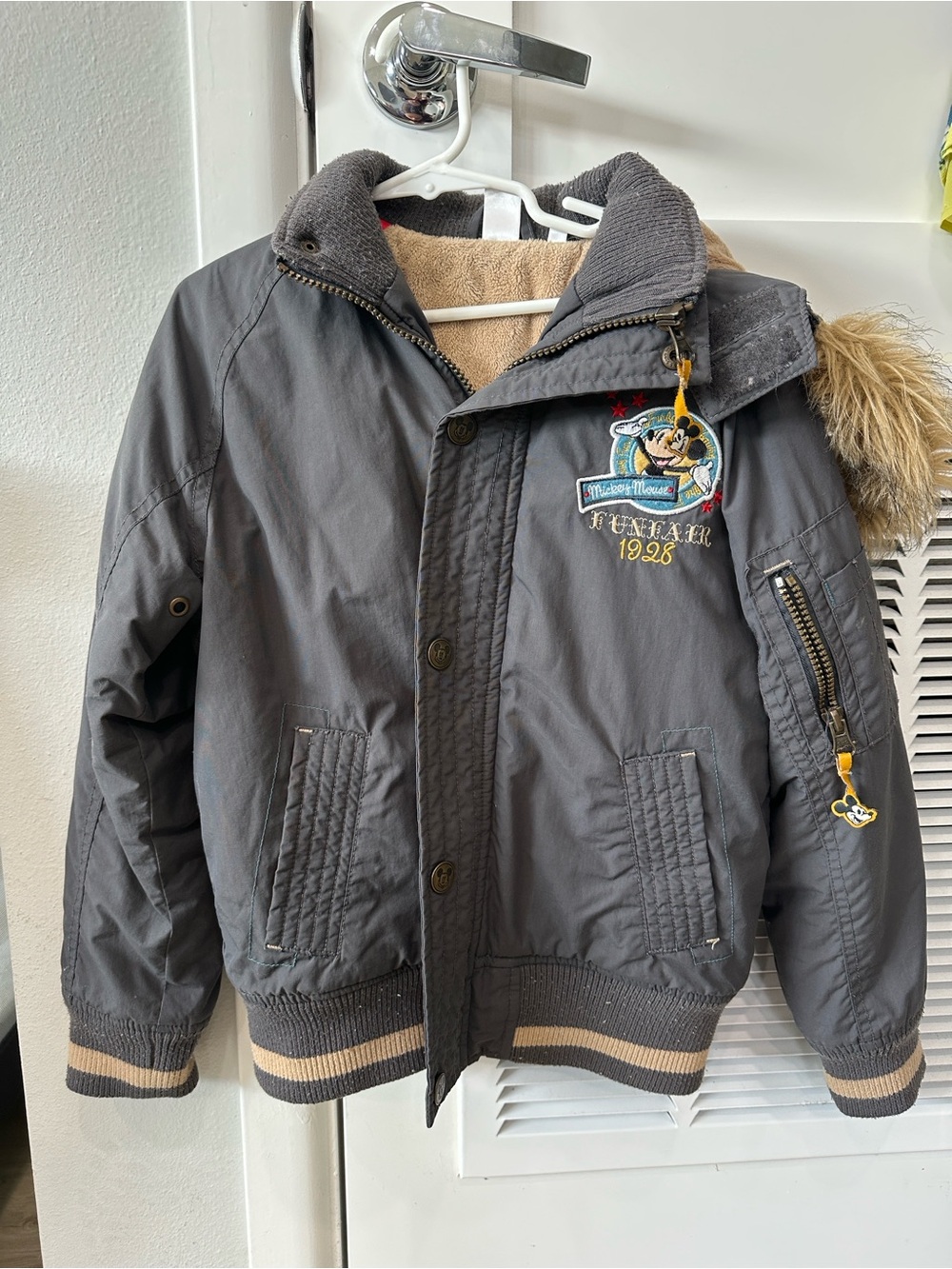 Disney Boys Gray Puffer Jacket with Faux Fur Hood Trim